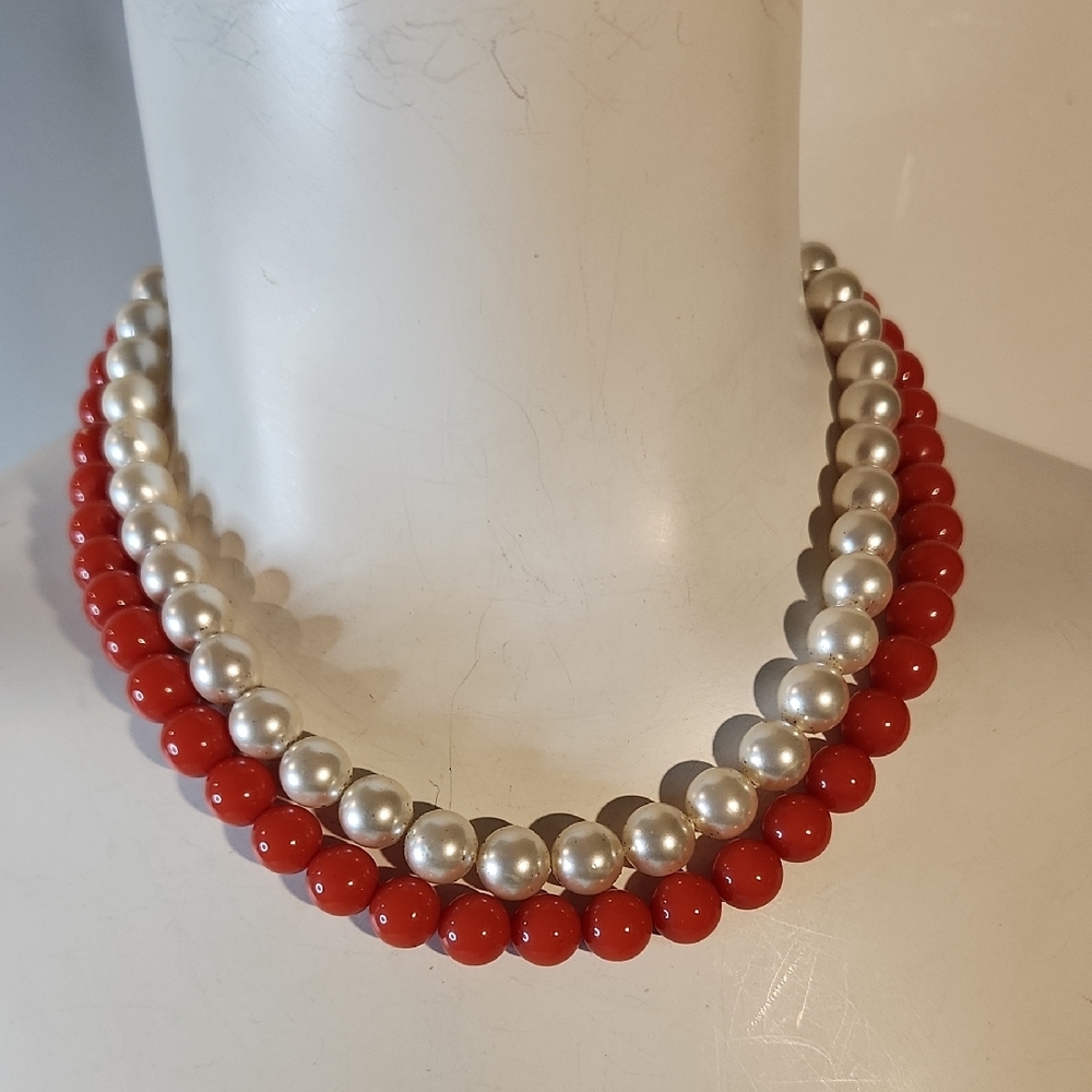 Vintage | Orange and Faux Pearl Necklace 18" Adjustable